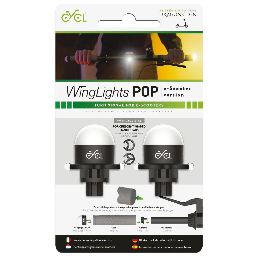 Verpackung für CYCL WingLights POP E-Scooter-Blinker für Lenker mit sichelförmigem Griff.