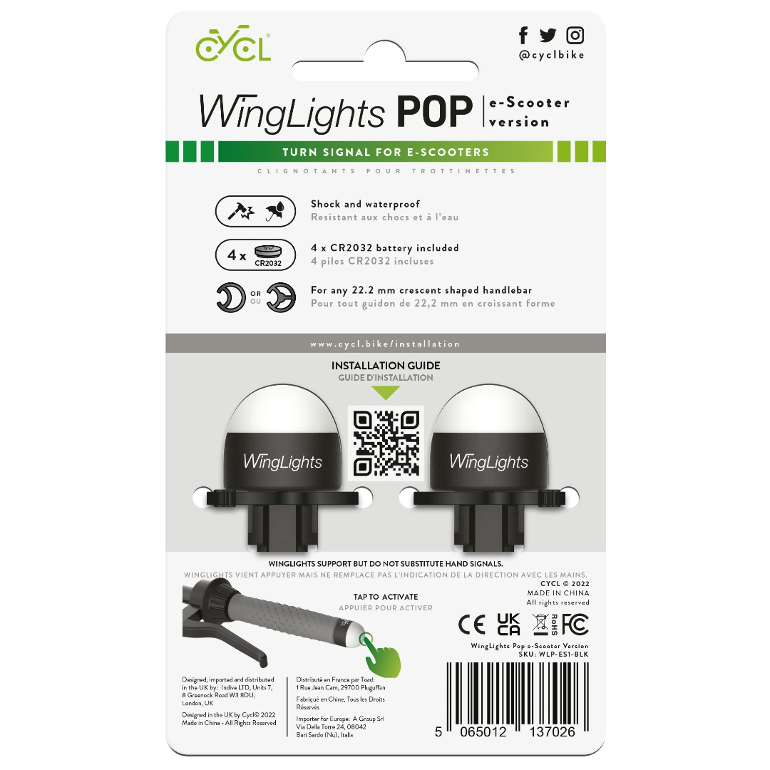Verpackung für CYCL WingLights POP E-Scooter Blinker mit Anleitung und Zubehör.