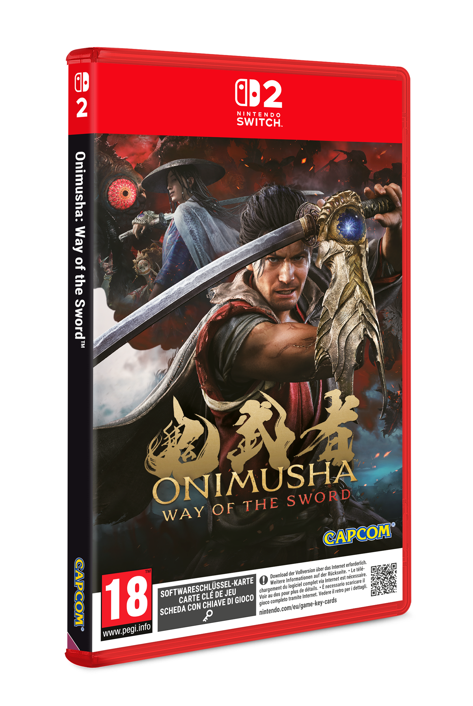 Nintendo Switch Spiel "Onimusha: Way of the Sword" mit einem Krieger und einem Dämon.