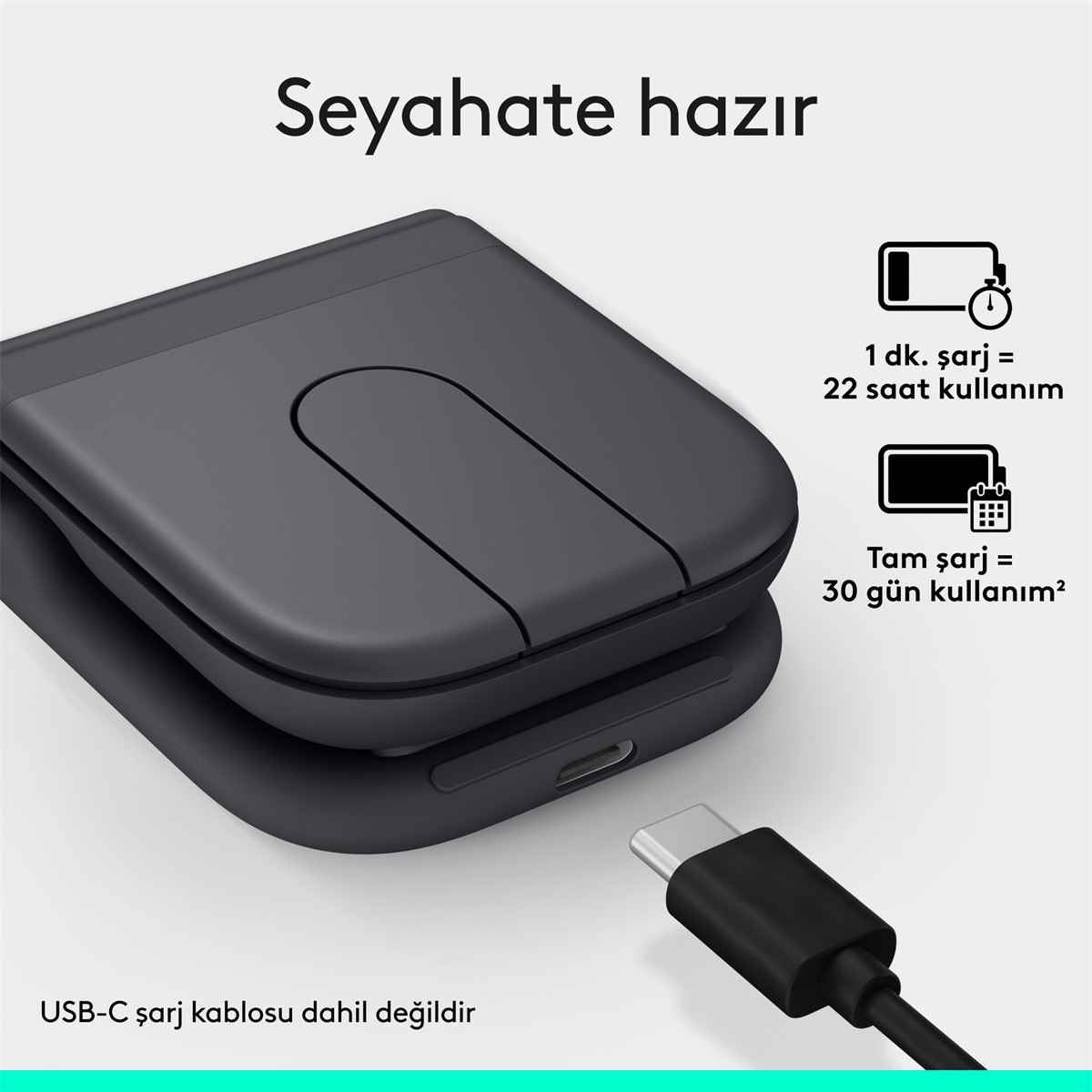 USB-C portlu gri şarj kutusu, 1 dk şarj ile 22 saat kullanım.