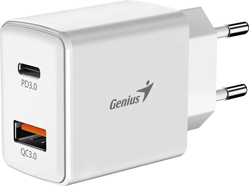 Egy fehér Genius töltő USB-C PD 3.0 és QC 3.0 portokkal.
