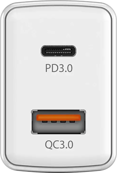 Egy fehér töltő USB-C PD3.0 és USB-A QC3.0 porttal.