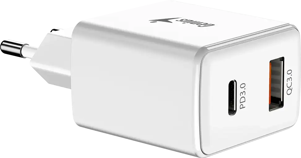 Fehér USB-C töltő PD3.0 és QC3.0 portokkal.