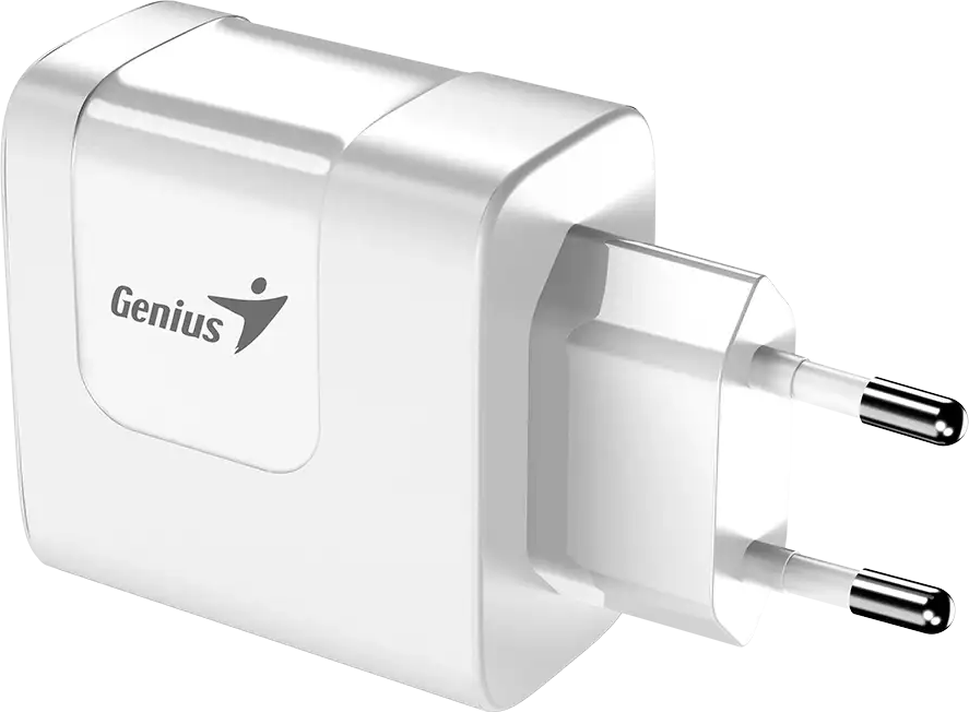 Egy fehér Genius márkájú hálózati adapter két csappal.