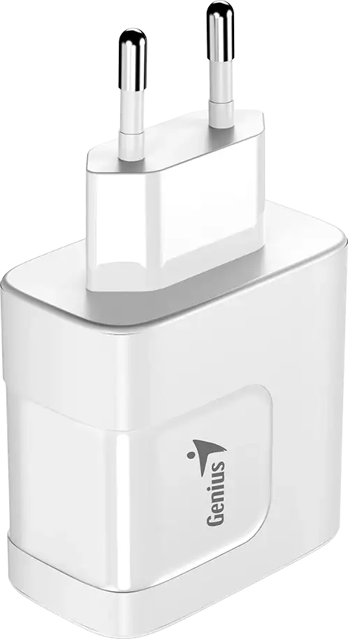 Fehér hálózati adapter két ezüst csatlakozóval és Genius logóval.