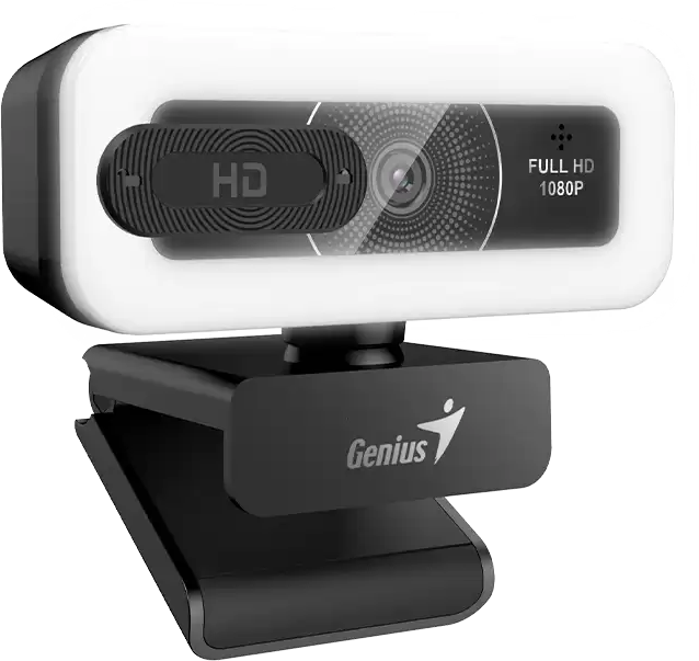 Egy fekete webkamera HD logóval és 1080p felbontással, állványon.