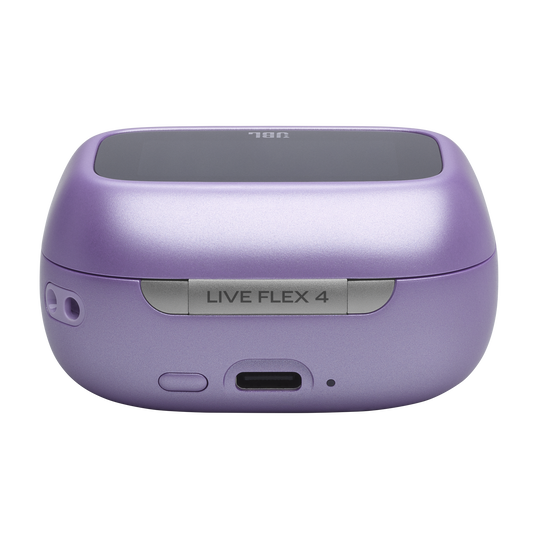 Fioletowe etui ładujące z logo JBL i napisem 'LIVE FLEX 4'.