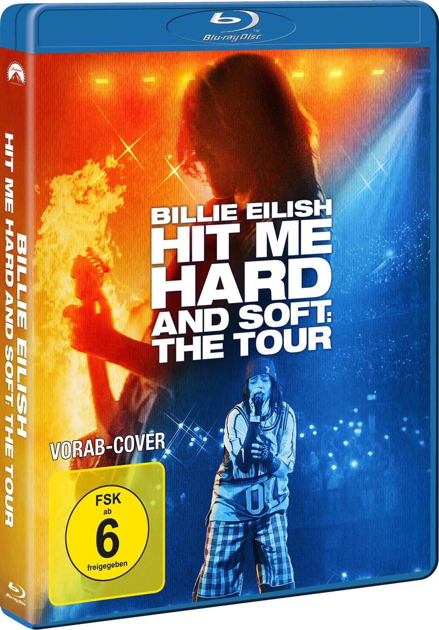 Billie Eilish 'Hit Me Hard And Soft' Blu-ray Cover mit Sängerin und Flammen.