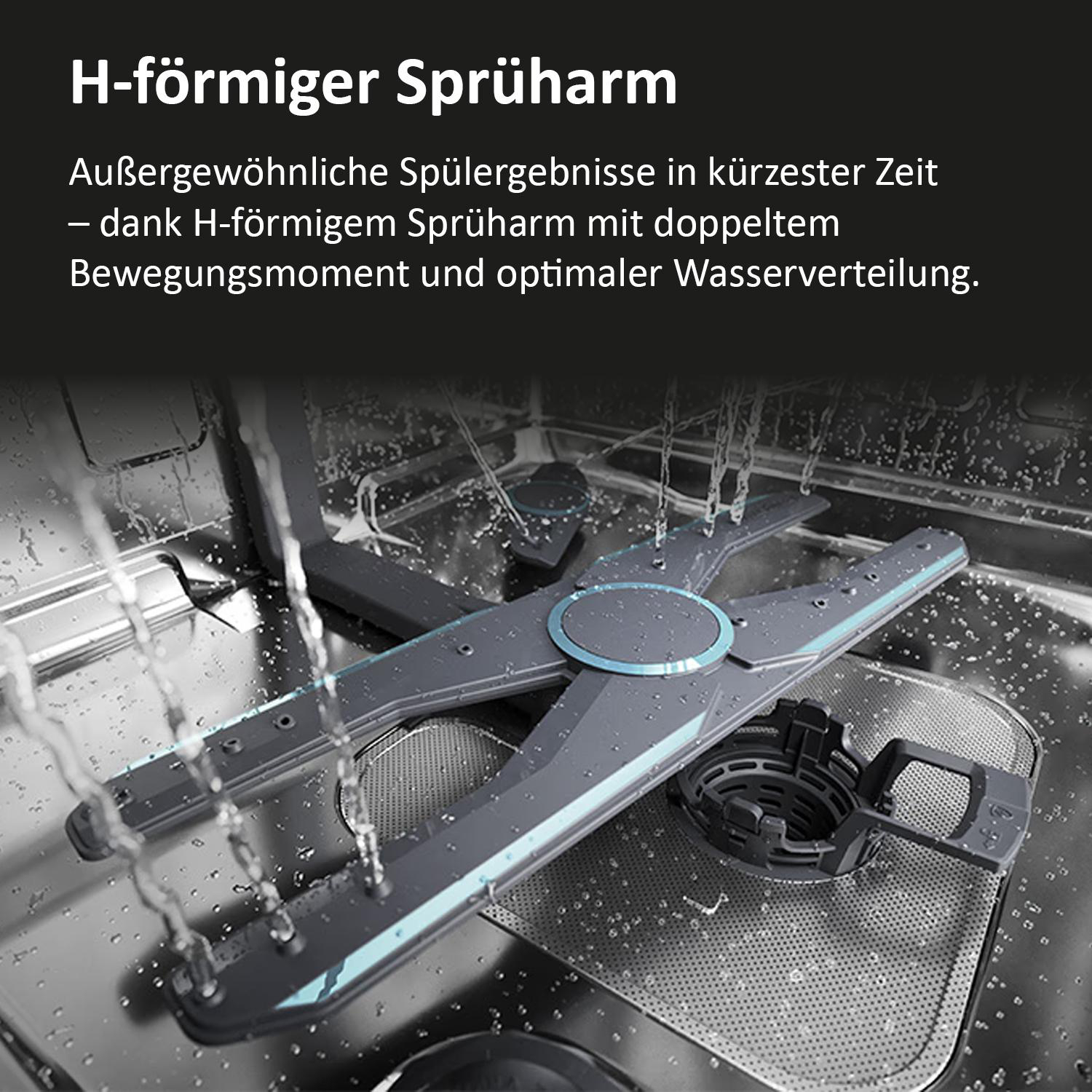 Ein H-förmiger Sprüharm in einem Geschirrspüler mit Wasserstrahlen.