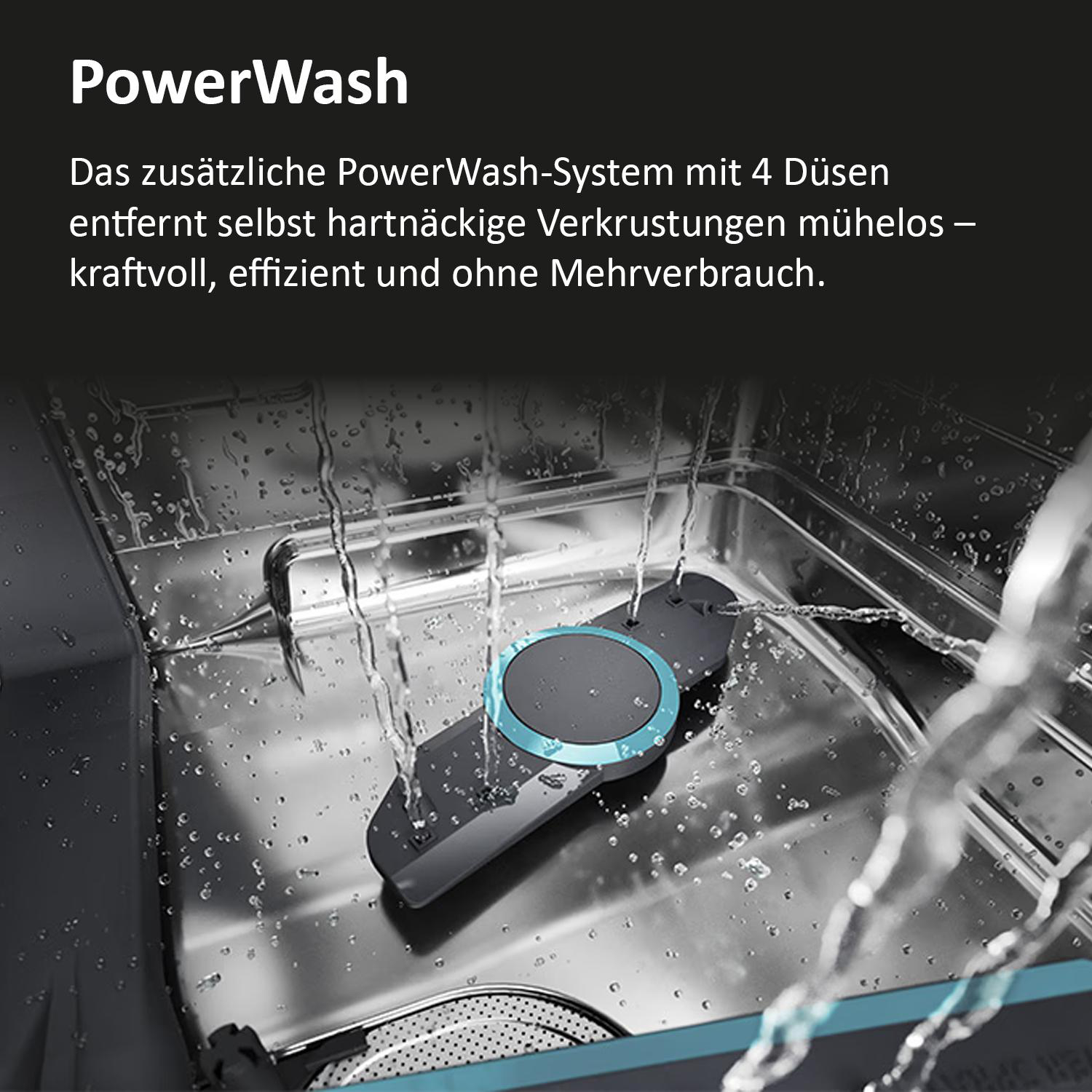 Wasserstrahlen spülen den Innenraum einer Spülmaschine, der PowerWash-Arm ist sichtbar.