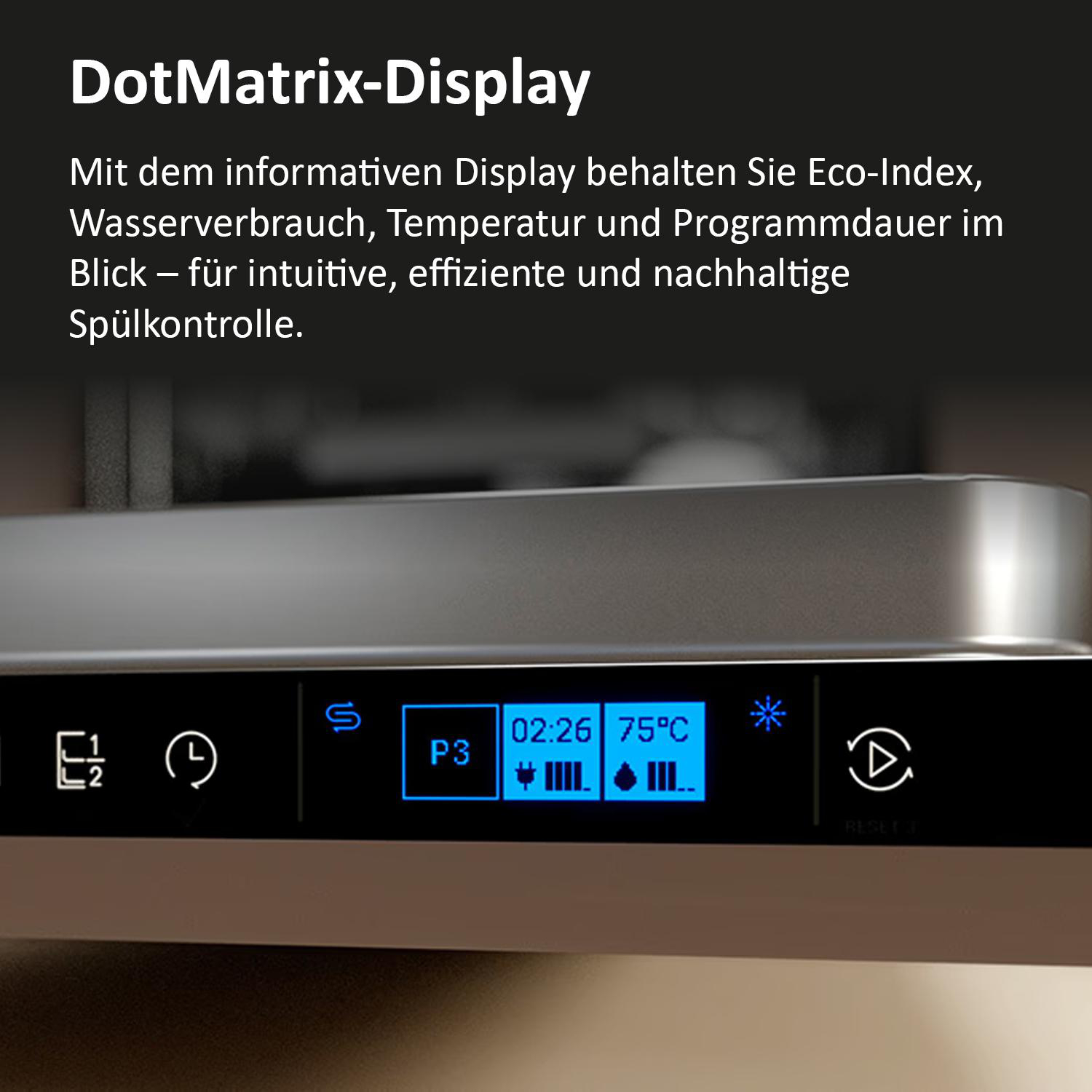 Blauer DotMatrix-Display zeigt Programm P3, Zeit 02:26, 75°C und Symbole.