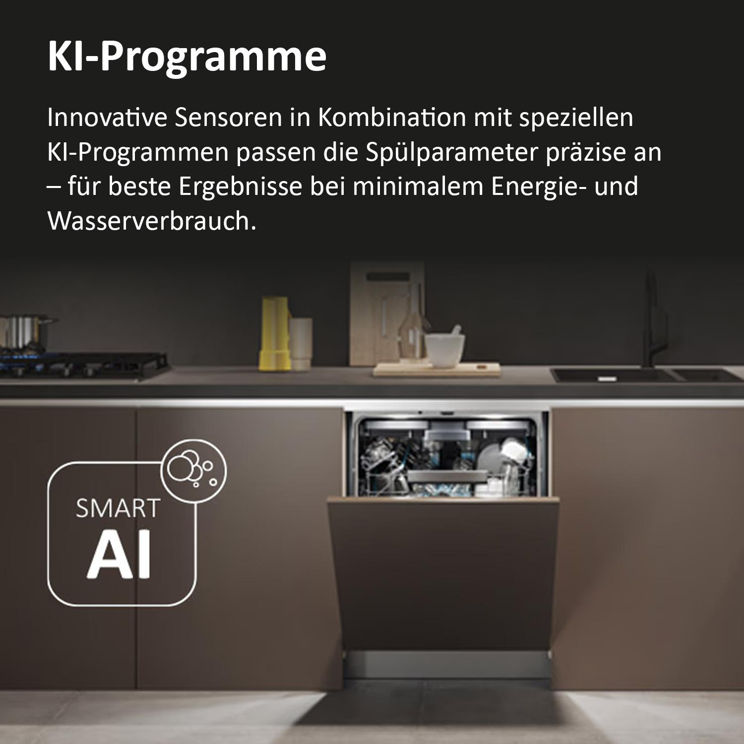 Einbaugeschirrspüler mit KI-Symbol und Text, in einer modernen Küche.