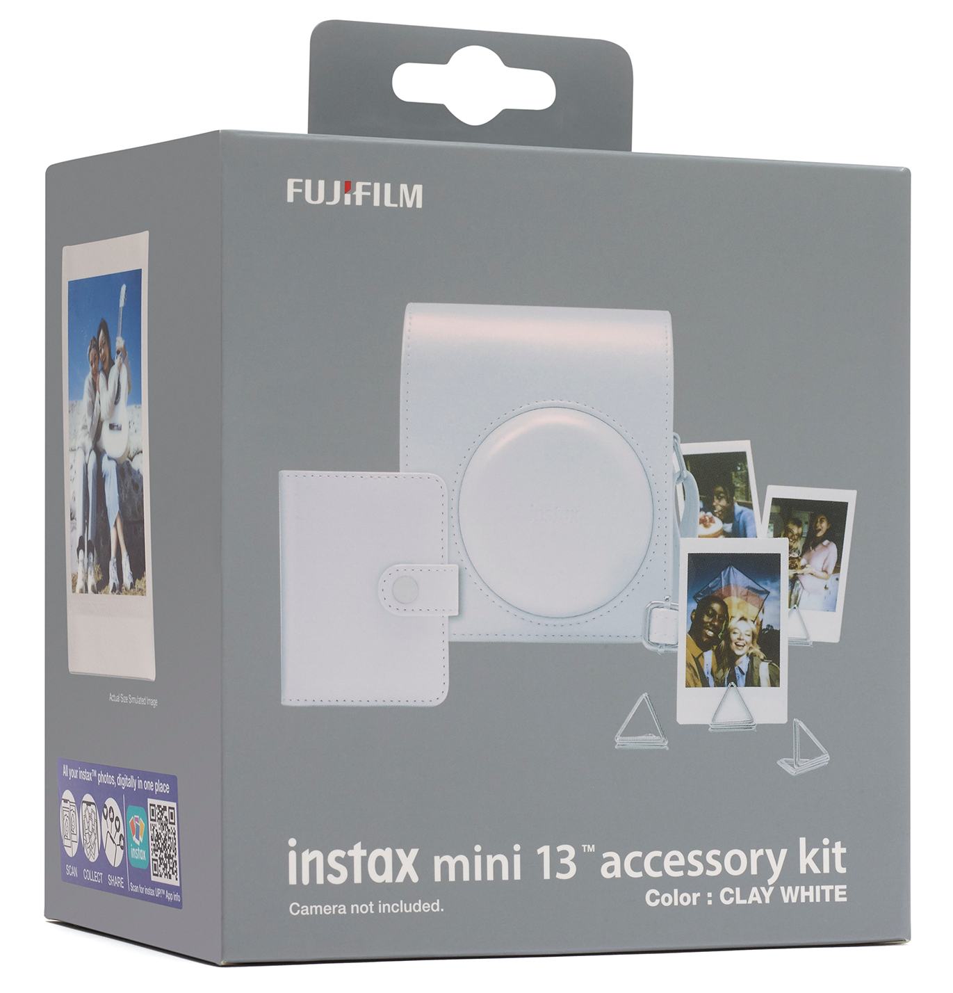 Fujifilm Instax Mini 13 kiegészítő készlet doboz agyagfehér színben, tokkal és fotókkal.