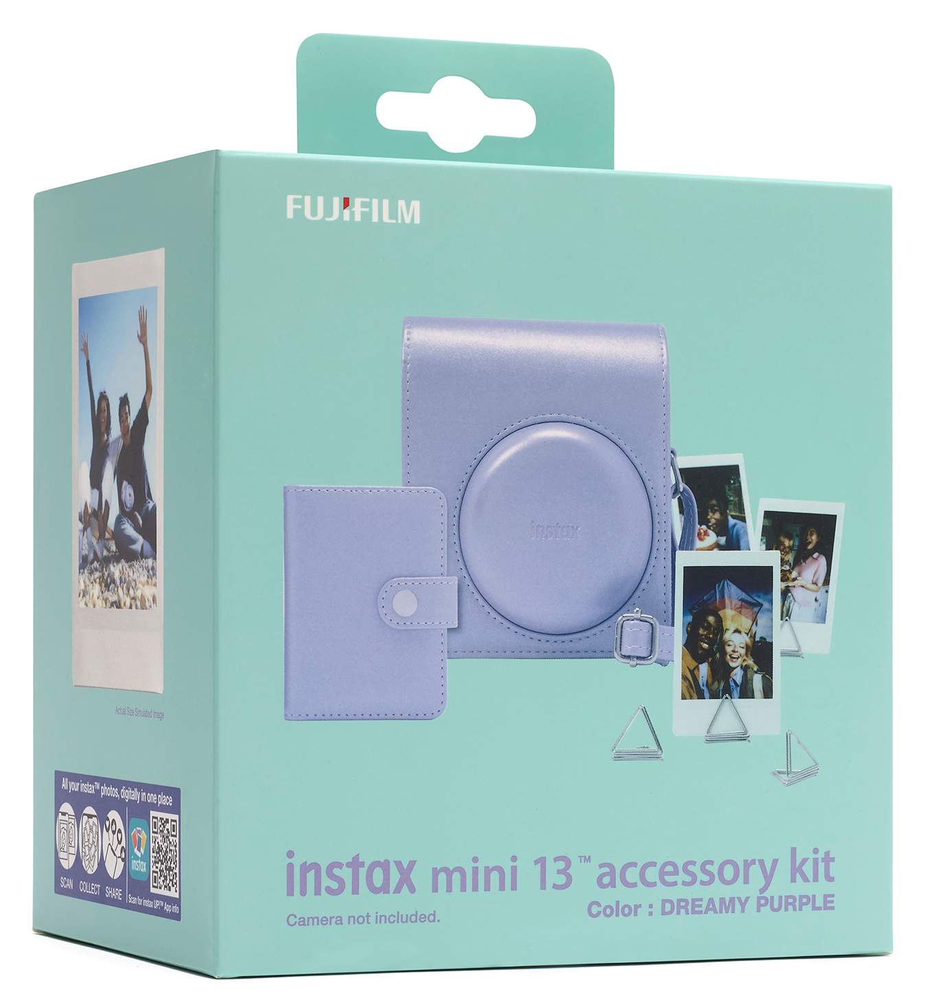 Fujifilm Instax Mini 13 tartozékkészlet álmodozó lila színben, tokkal és fotóállványokkal.