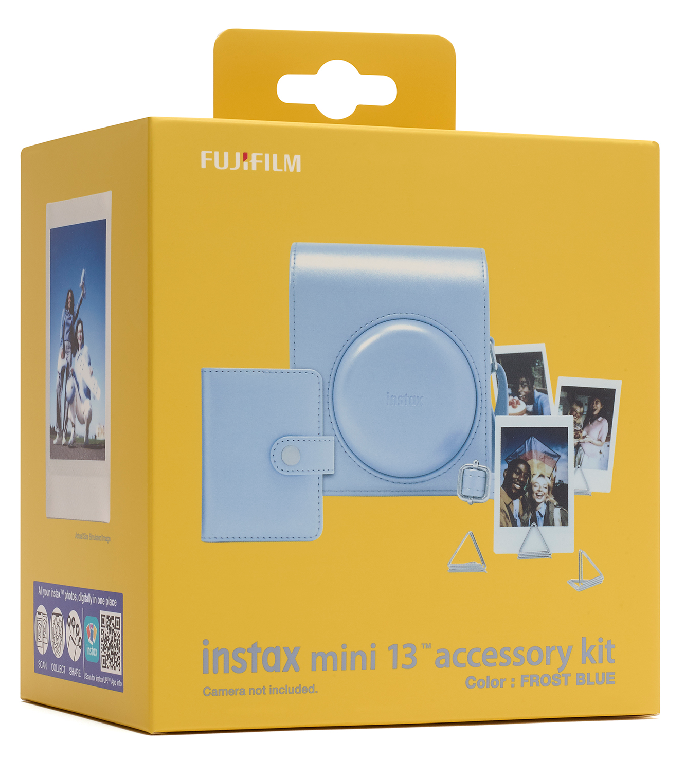 Sárga doboz kék Instax Mini 13 kiegészítő készlettel, tokkal és fotókkal.