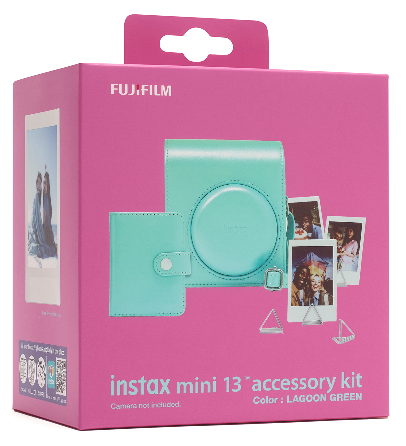 Rózsaszín doboz Fujifilm Instax Mini 13 kiegészítő készlettel, lagúna zöld színben.