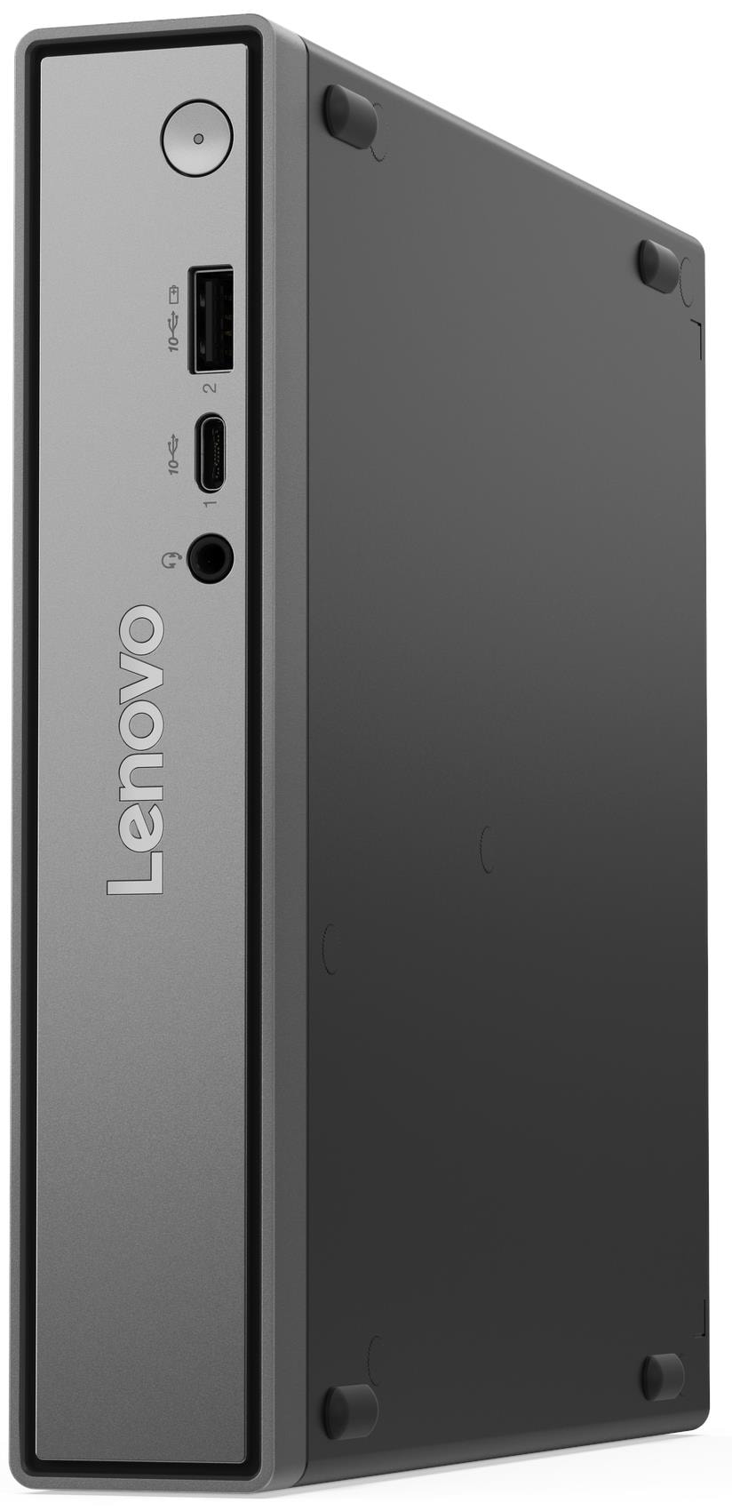 Kompakt Lenovo PC ezüst előlappal, USB portokkal és fejhallgató csatlakozóval.