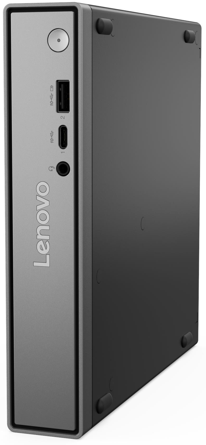 Ezüst és fekete Lenovo mini PC előlapi USB és audio csatlakozókkal.