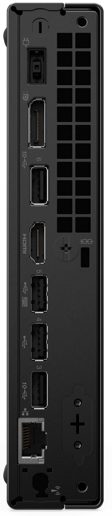 Fekete számítógép hátoldala portokkal: HDMI, USB, Ethernet és tápellátás.