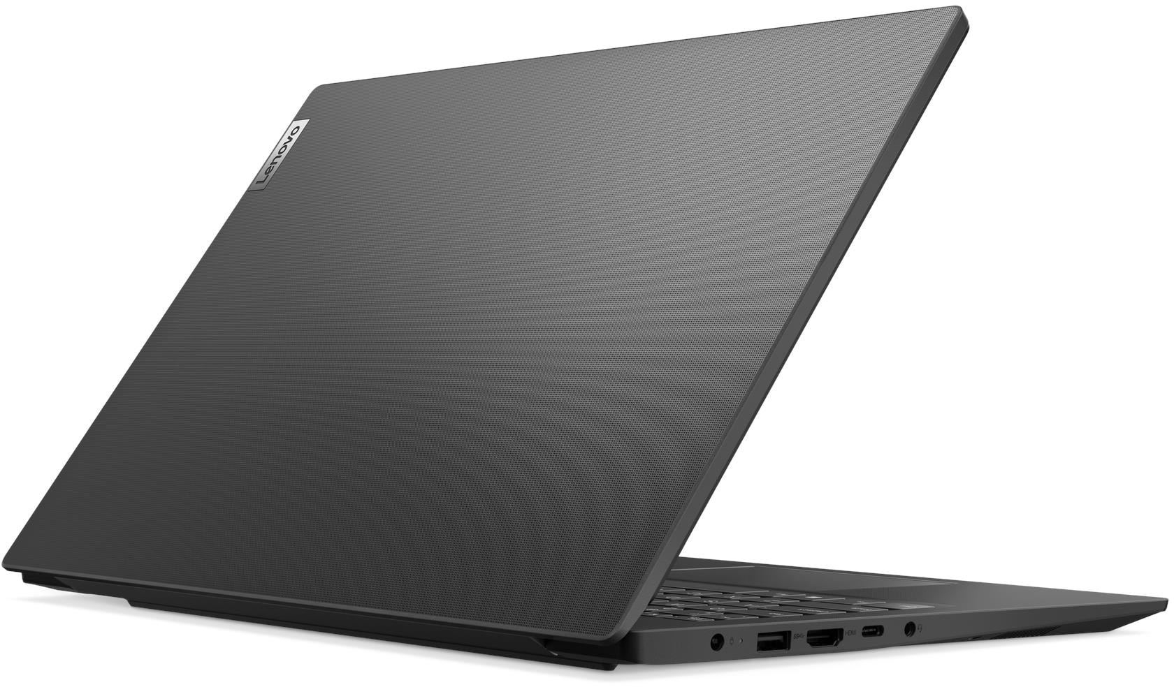 Szürke Lenovo laptop, nyitott állapotban, texturált fedéllel és látható portokkal.