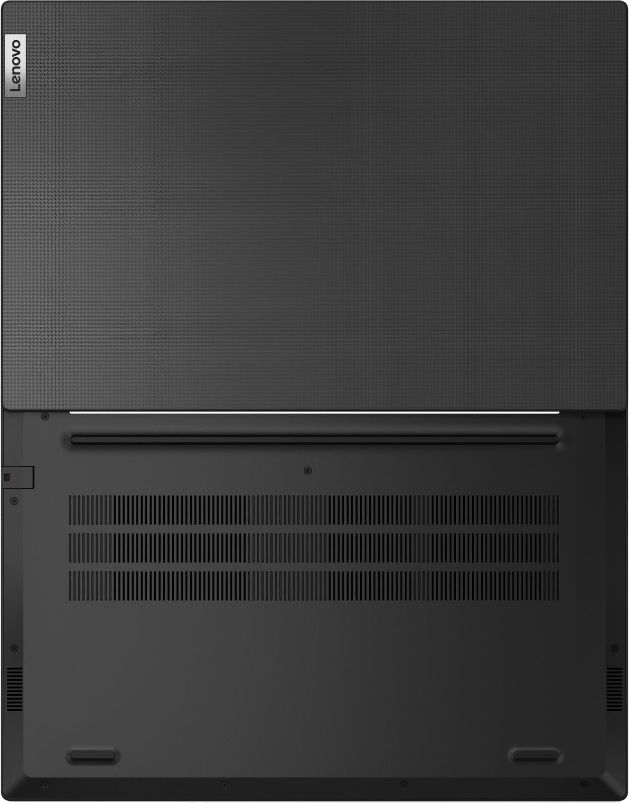 Fekete laptop alsó része Lenovo logóval. Szellőzőnyílások láthatók.