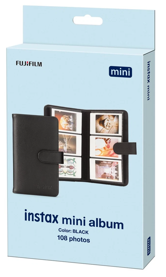 Fekete Instax mini album 108 fotóval, világoskék dobozon.