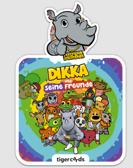 Ein Rhinozeros mit Kette über einer bunten Ansammlung von Zeichentrickfiguren.