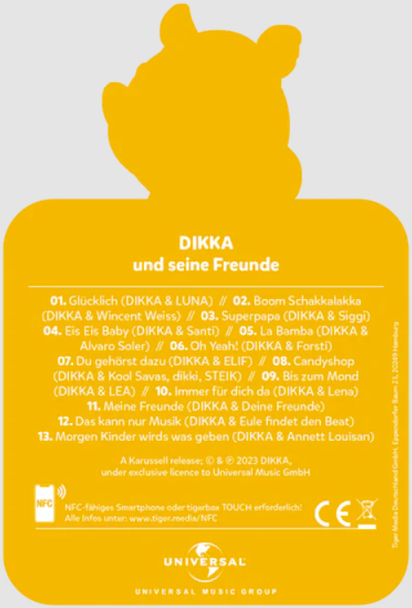 Gelbes Cover mit Titel 'DIKKA und seine Freunde' und Songliste.