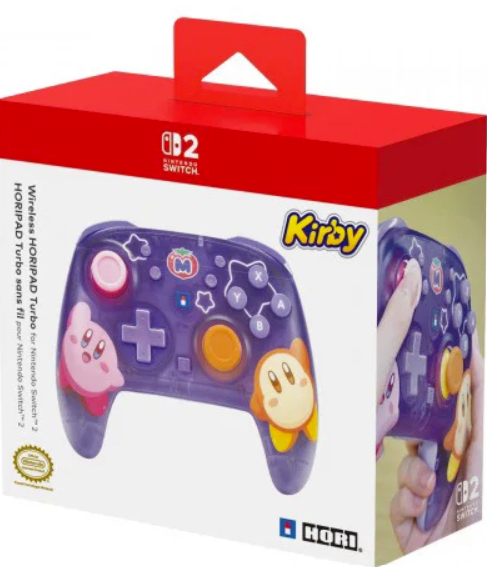 Lila Kirby-Controller für Nintendo Switch auf rotem Karton.