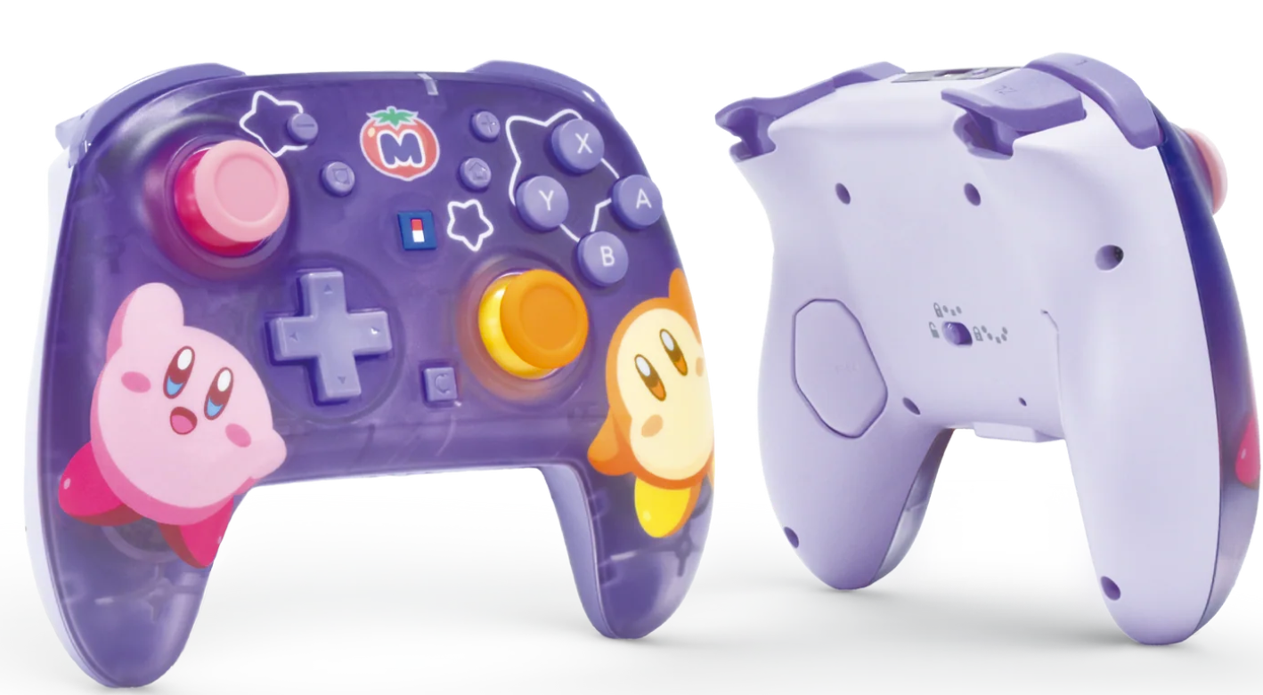 Lila Nintendo Controller mit Kirby-Motiven und zwei Ansichten.