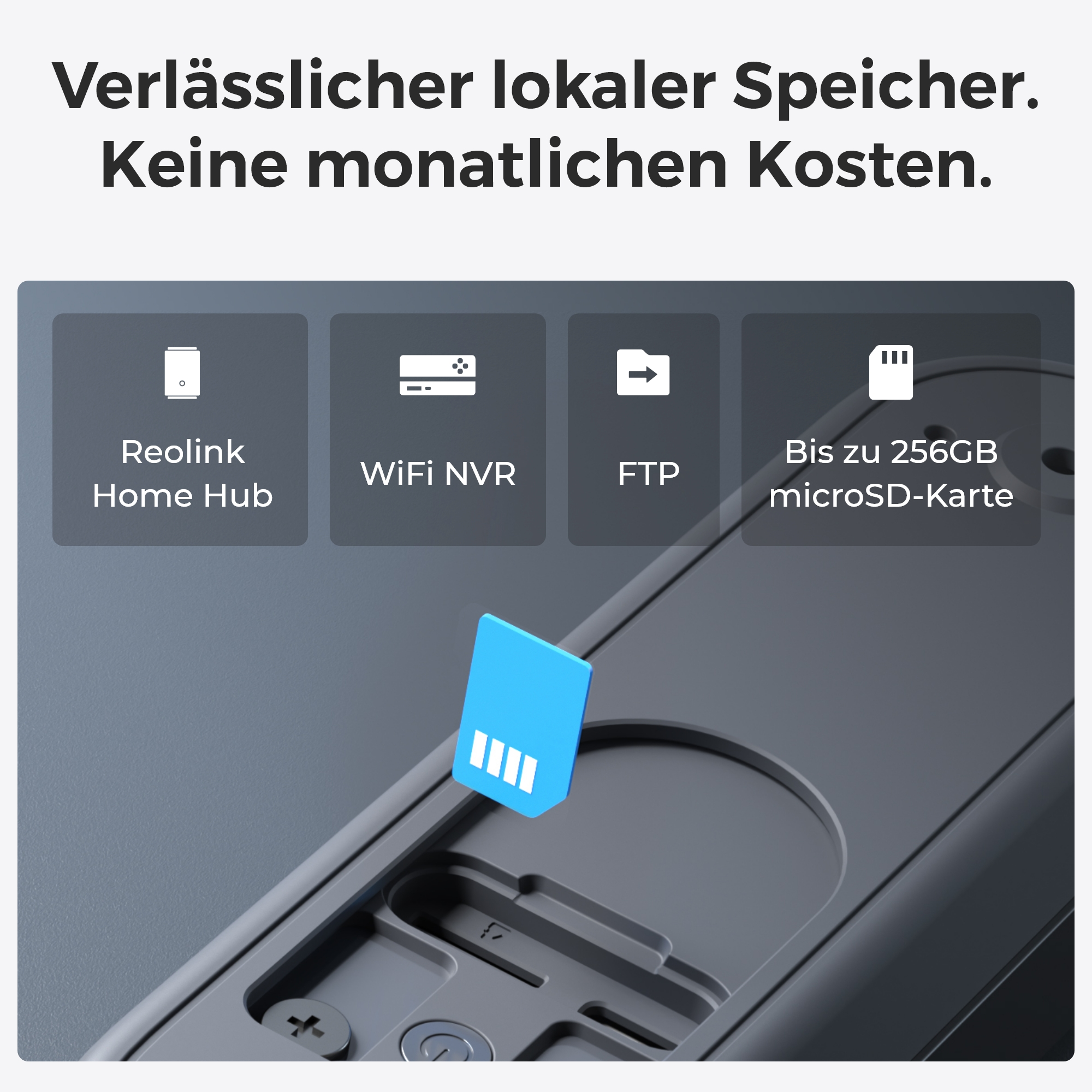 Lokaler Speicher: Reolink Home Hub, WiFi NVR, FTP, bis zu 256GB microSD.