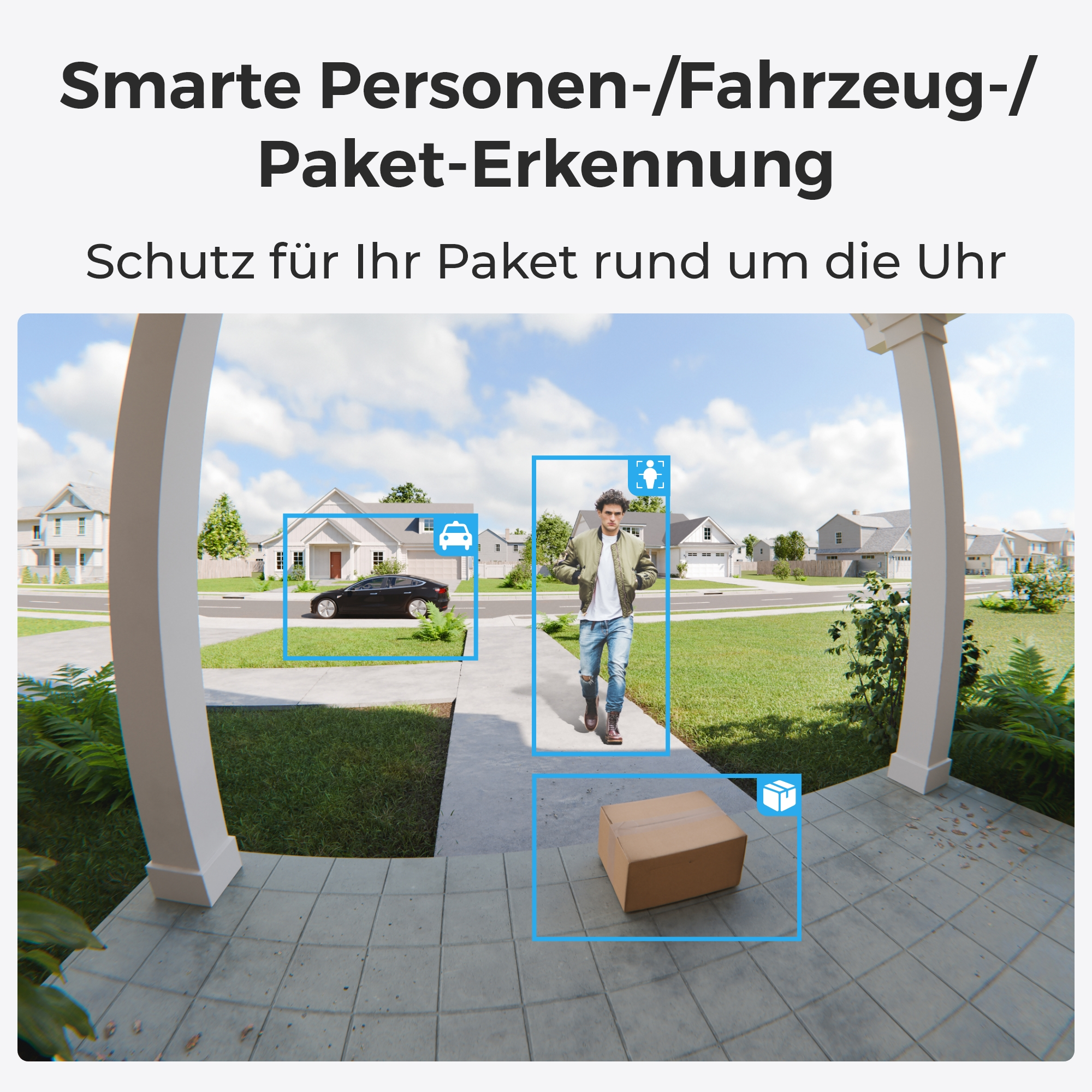 Person, Auto und Paket werden auf dem Gehweg vor Häusern erkannt.