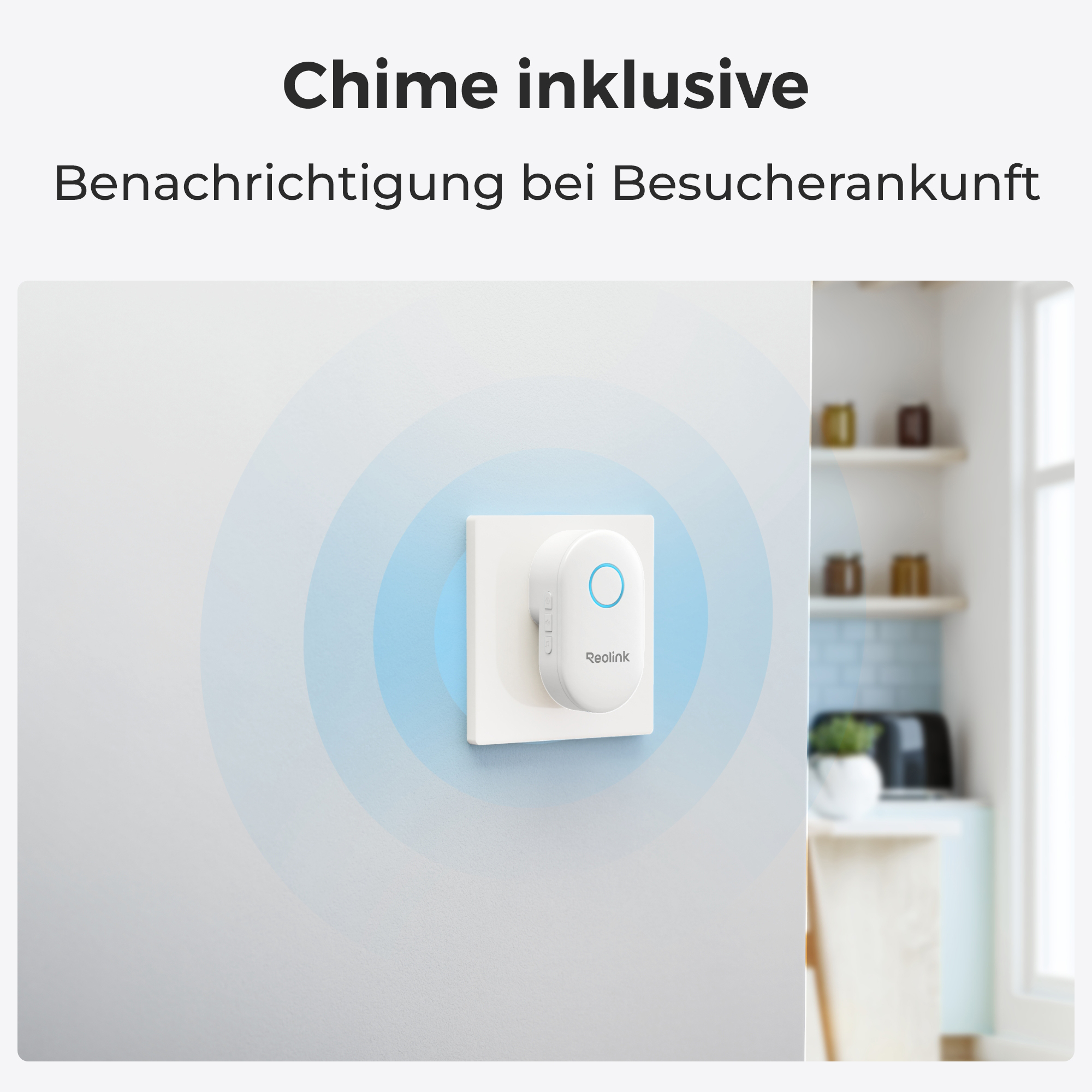 Ein weißer Reolink Stecker mit blauen Ringen, in einer Steckdose.