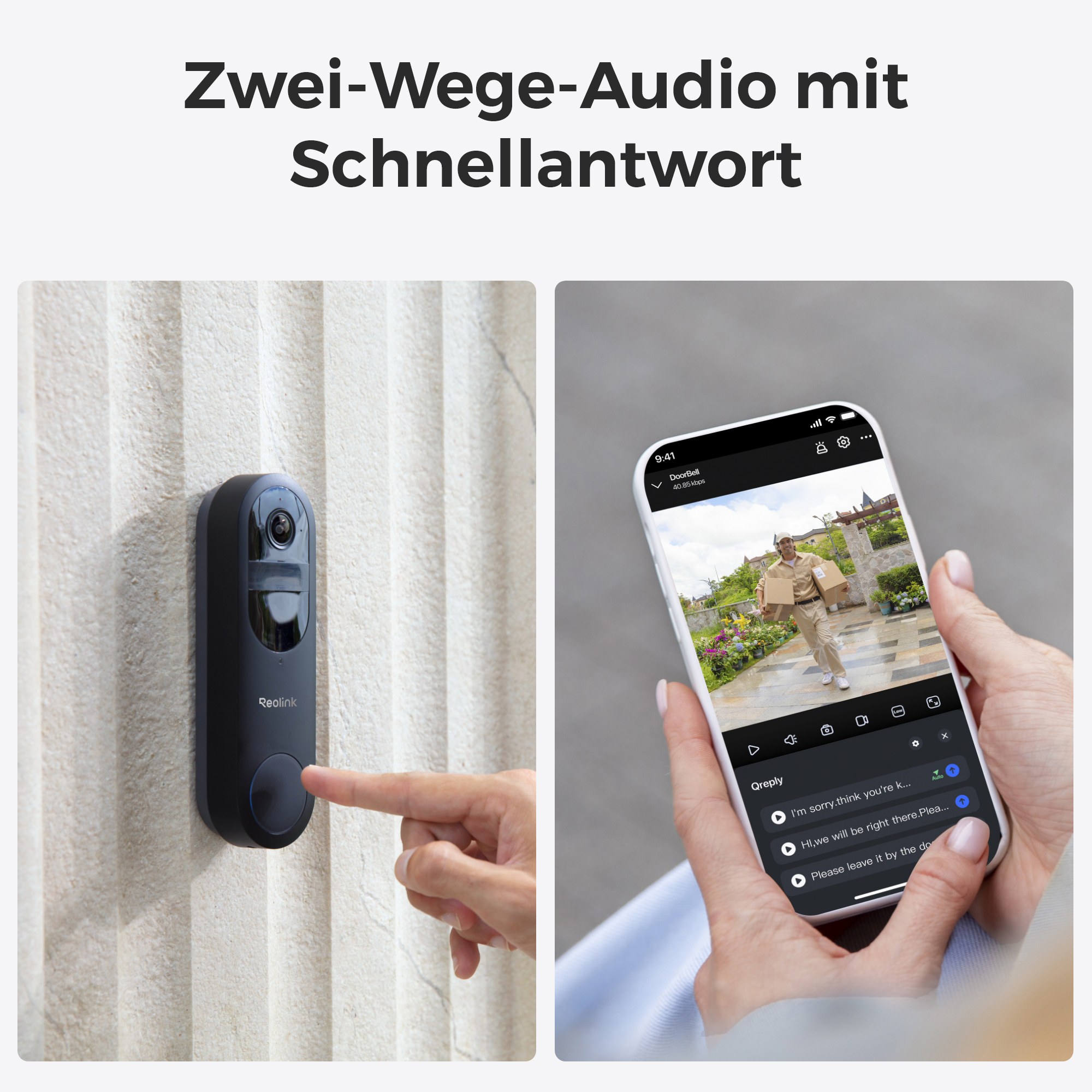 Türklingel an Wand, Handy zeigt Lieferanten im Garten.