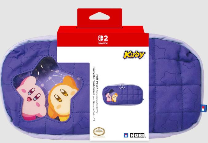 Lila Nintendo Switch Tasche mit Kirby-Motiv und Sternenfenster.