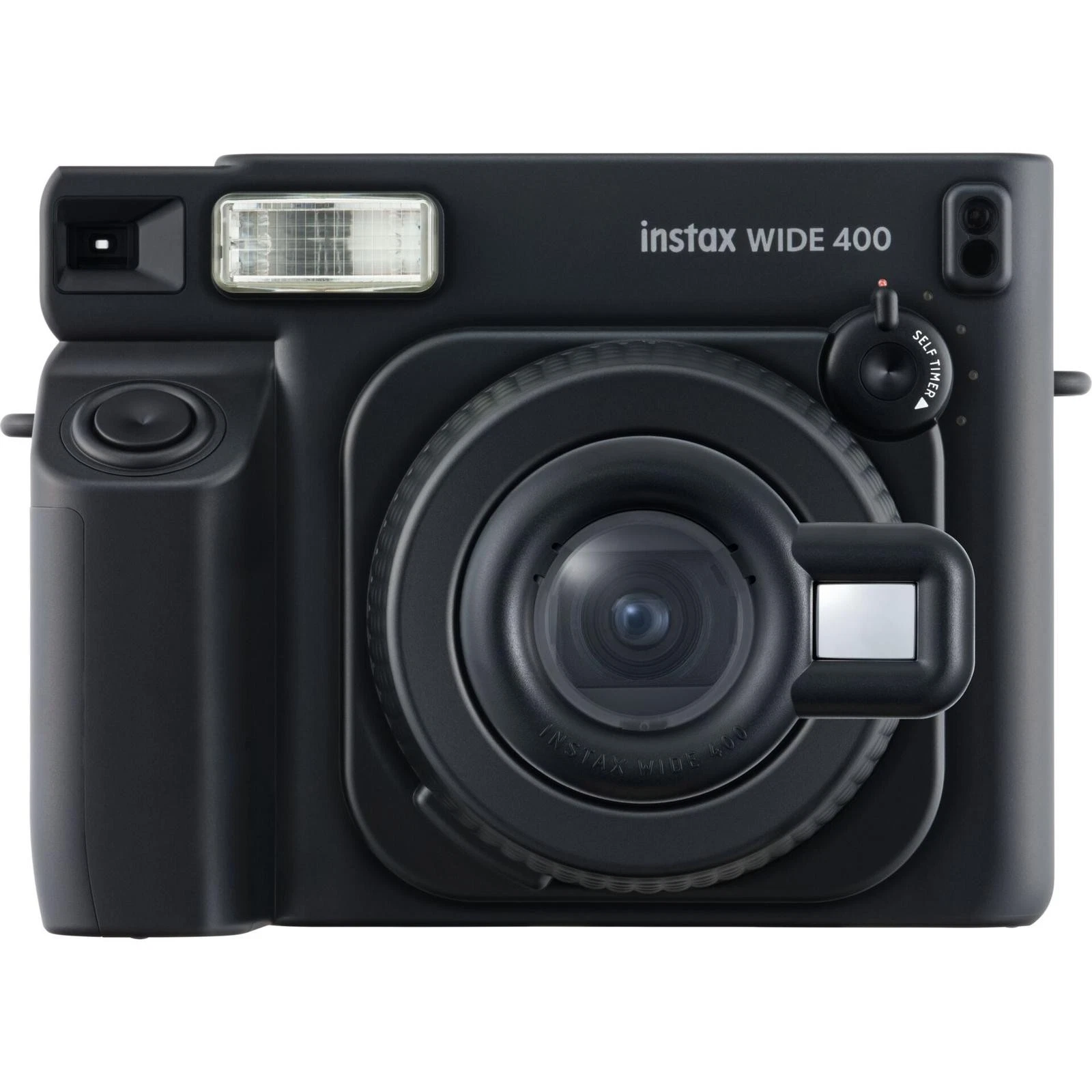 Egy fekete Instax Wide 400 azonnali fényképezőgép vakuval és lencsével.