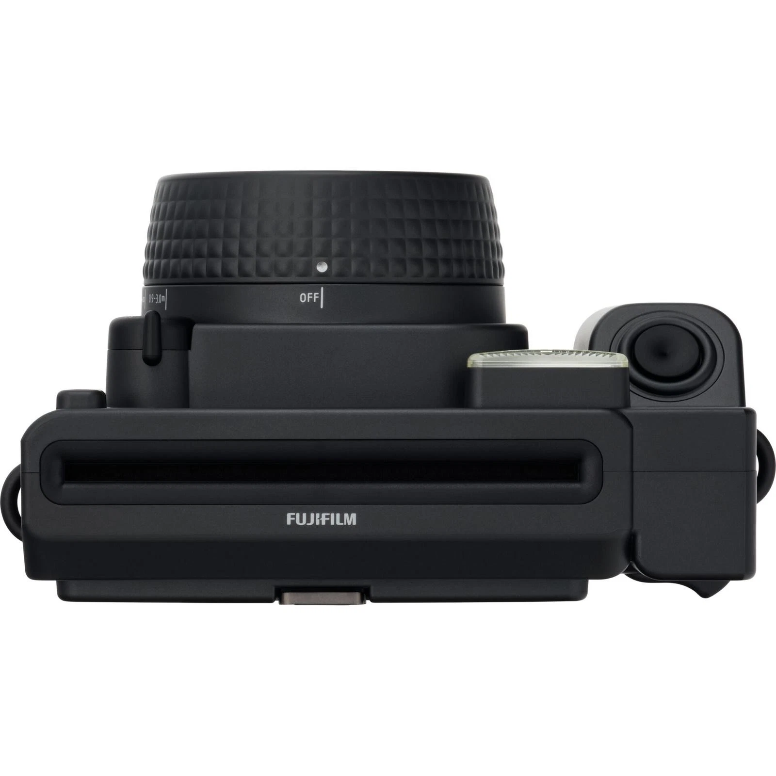 Fekete Fujifilm azonnali fényképezőgép objektívvel és vakuval.