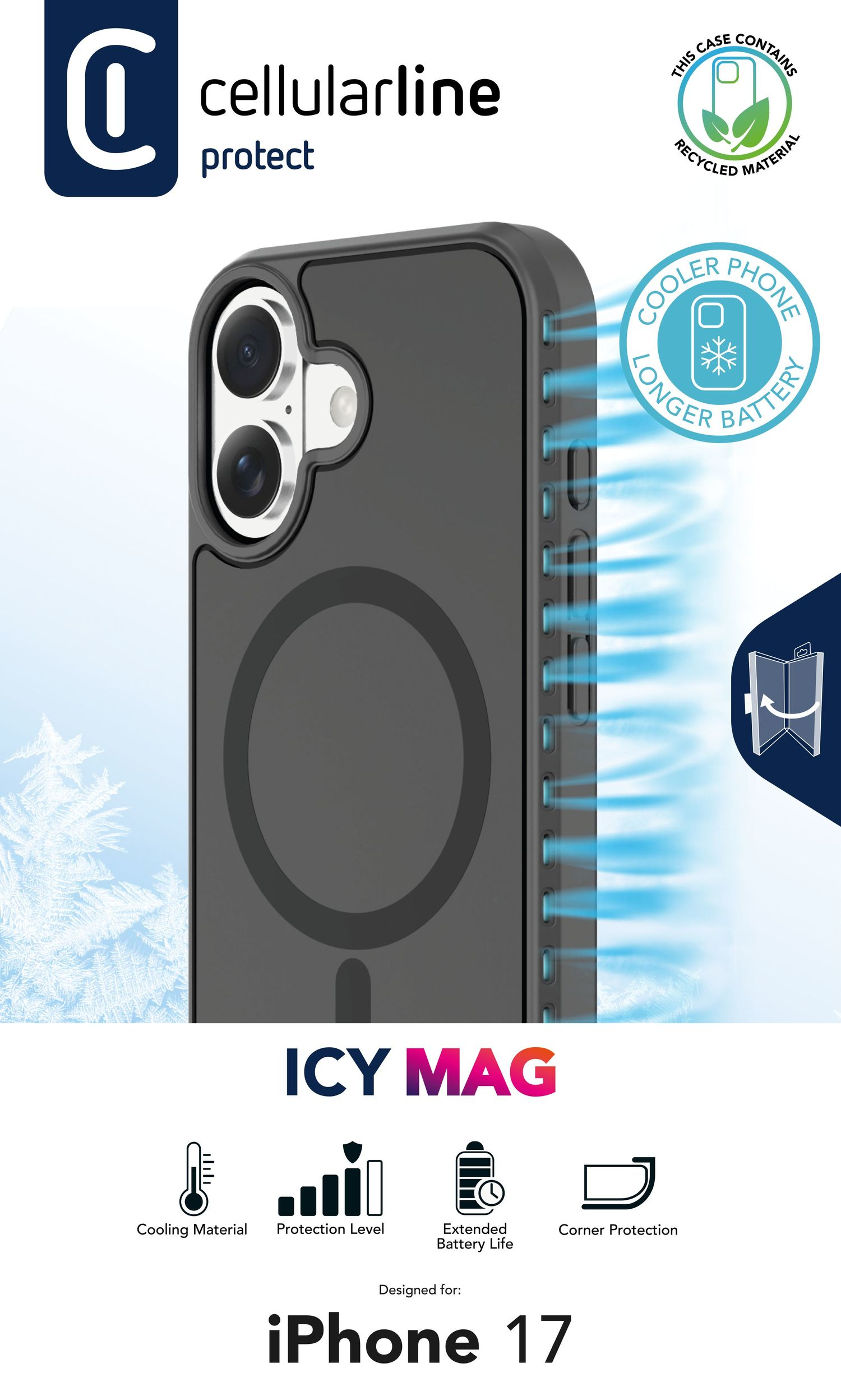 Schwarze iPhone 17 Hülle mit "ICY MAG" und Icons für Kühlung, Schutz.