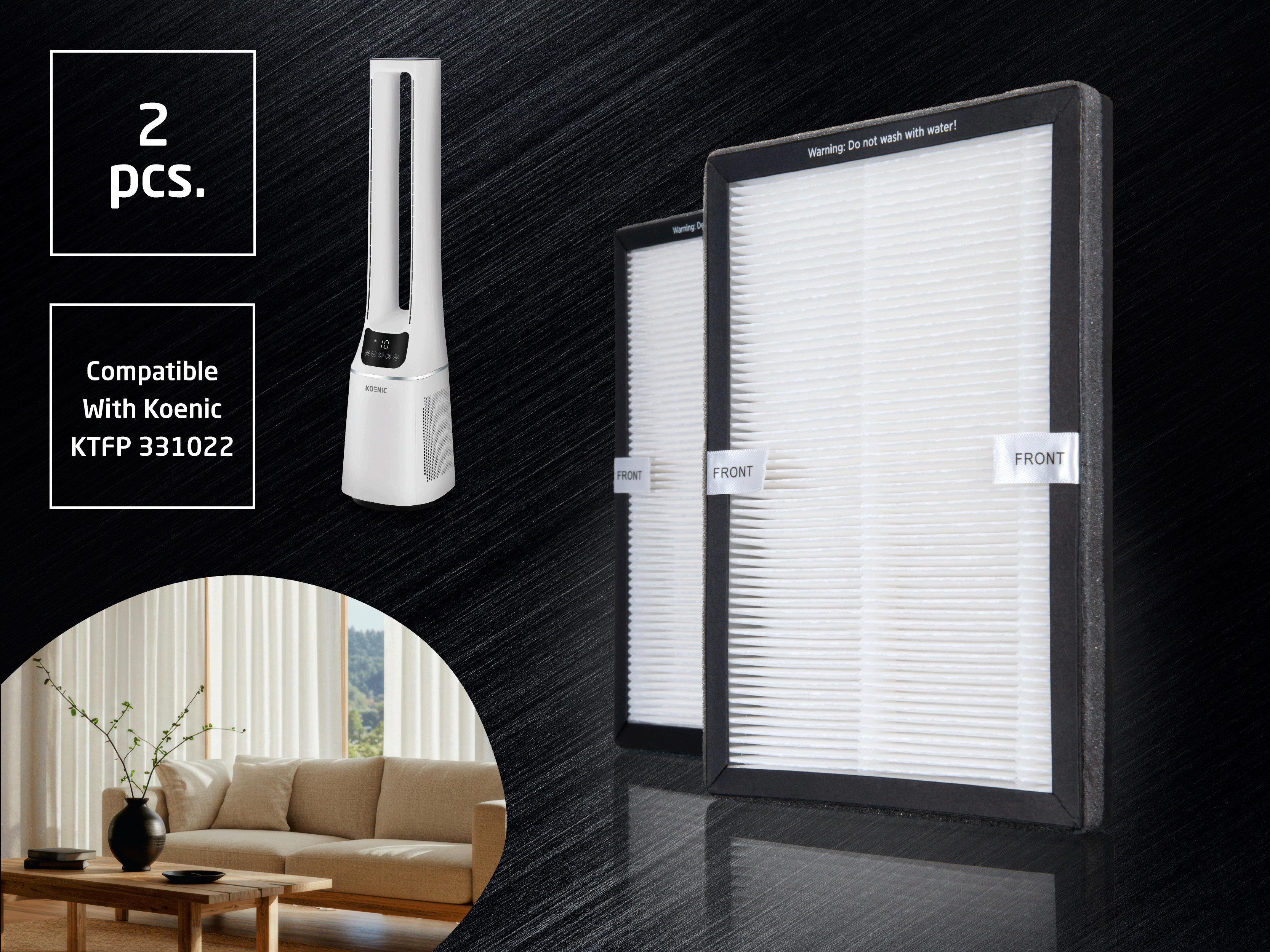 Ein weißer Turmventilator und zwei Luftfilter vor einem dunklen Hintergrund. Links ein Wohnzimmer-Setup.