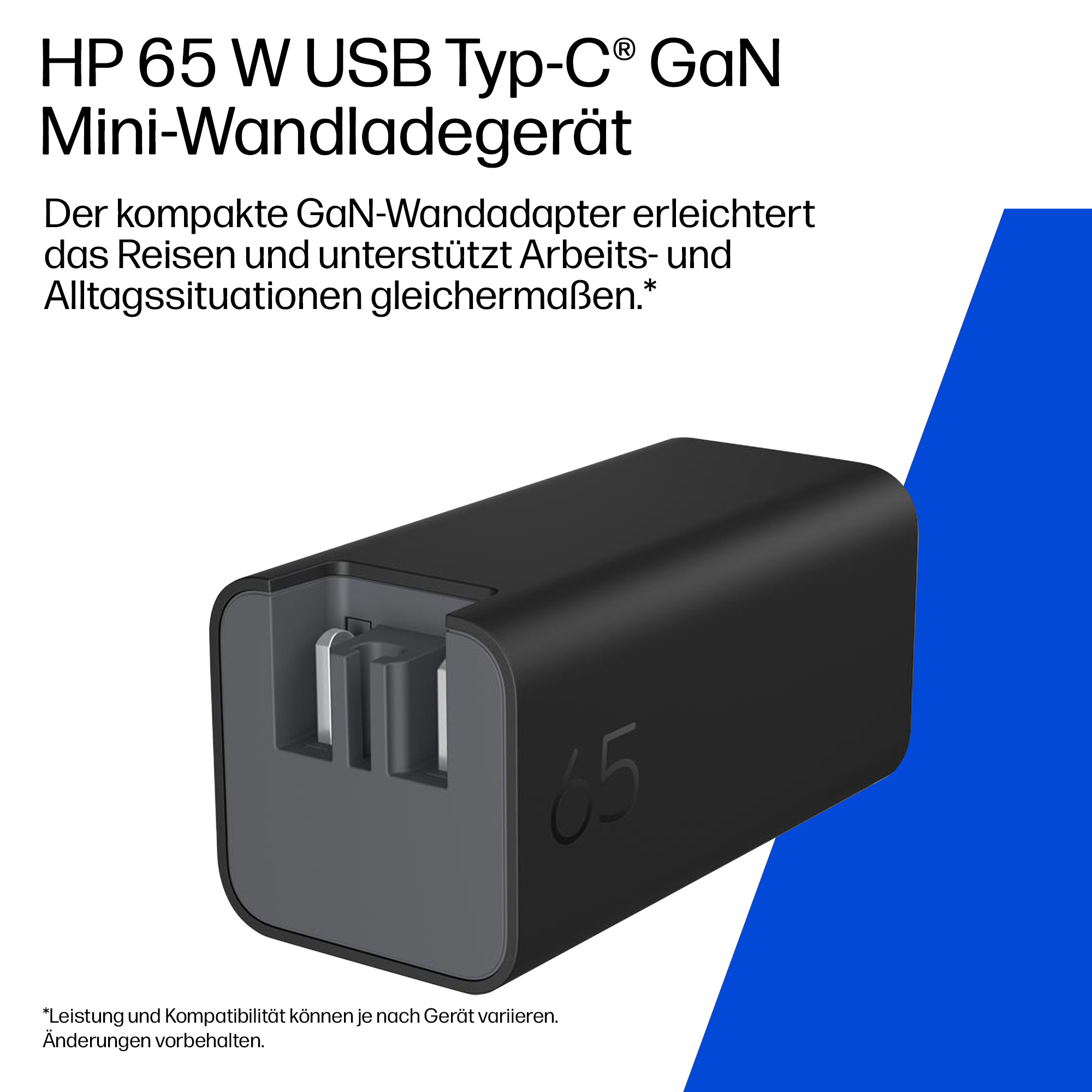 Schwarzes HP 65W USB-C GaN Netzteil mit "65" Logo und zwei USB-Ports.