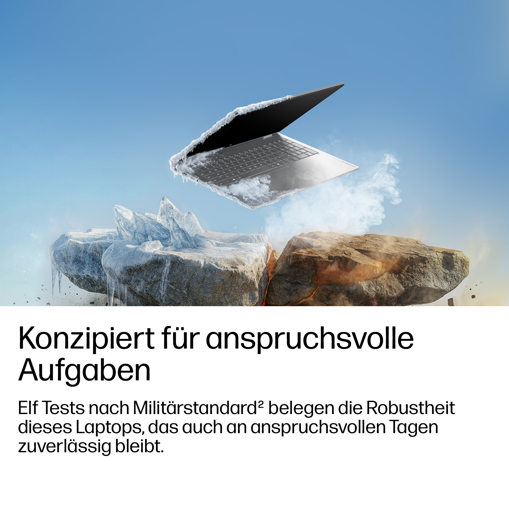 Ein Laptop im Eis und Dampf über Felsen. Konzipiert für anspruchsvolle Aufgaben.