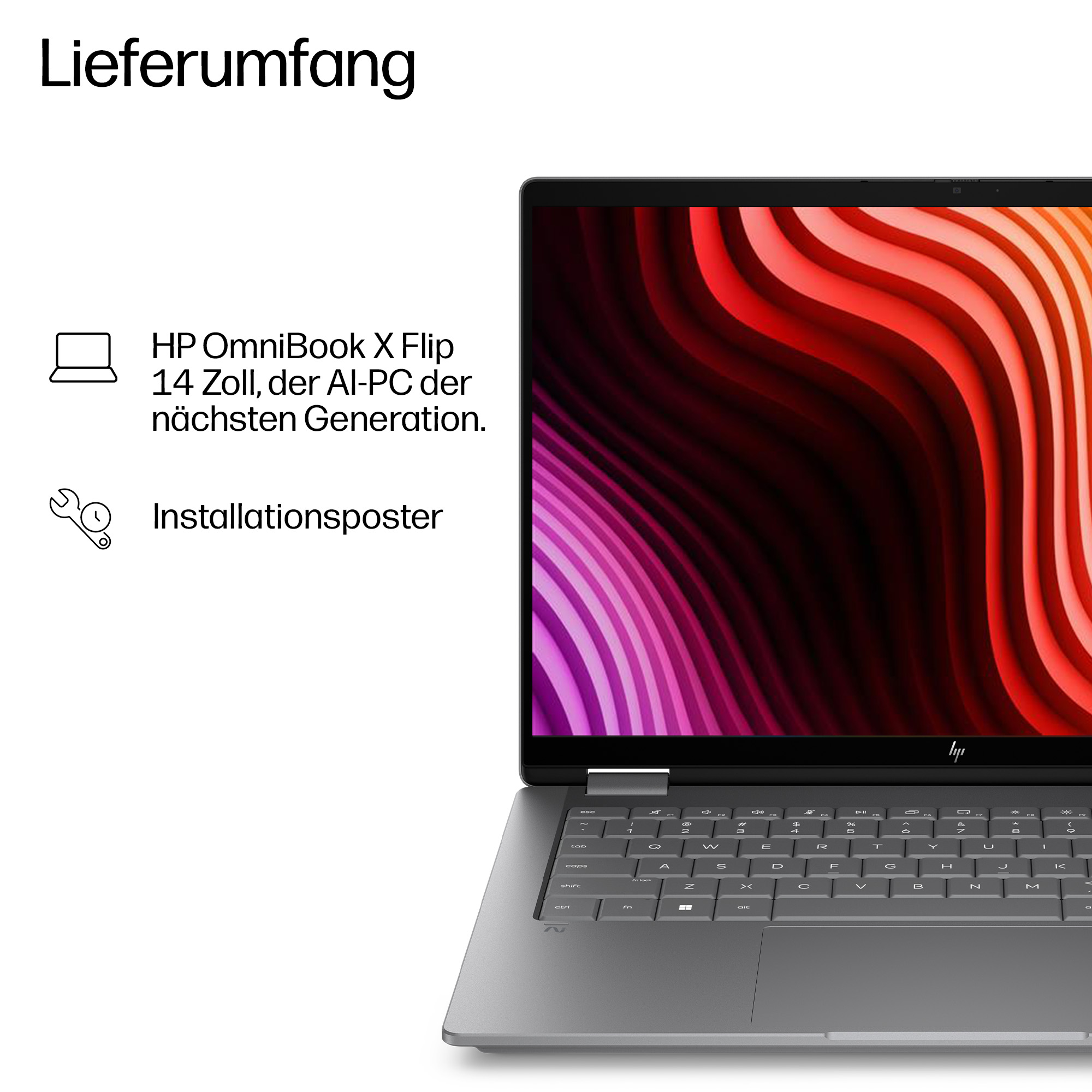 HP OmniBook X Flip Laptop mit buntem abstrakten Hintergrund auf dem Bildschirm. Enthält Text über seine Funktionen.
