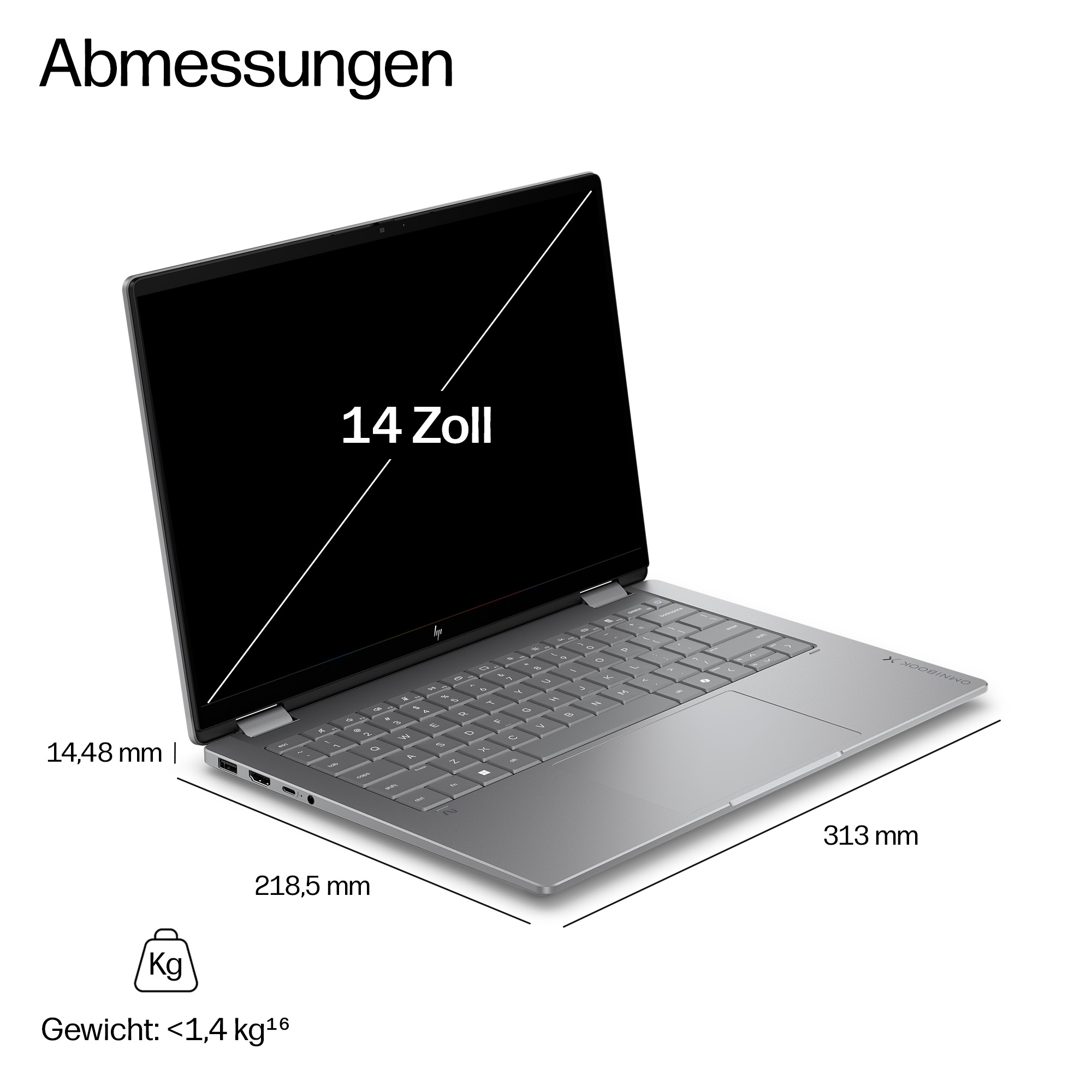 Silberner Laptop mit 14-Zoll-Bildschirm. Maße: 14,48 mm, 218,5 mm, 313 mm. Gewicht unter 1,4 kg.