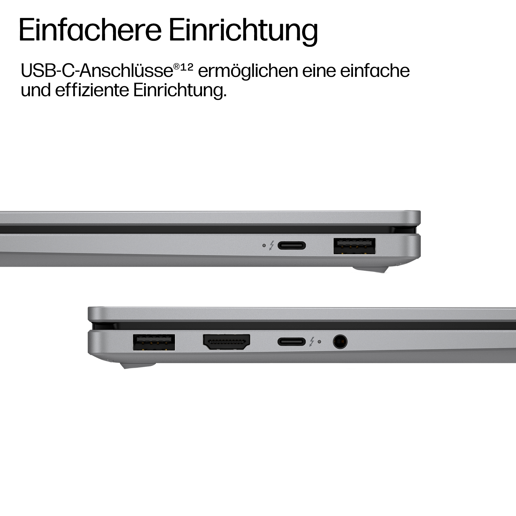 Detailansicht von Laptop-Anschlüssen: USB-C, Thunderbolt, HDMI, Audiobuchse.