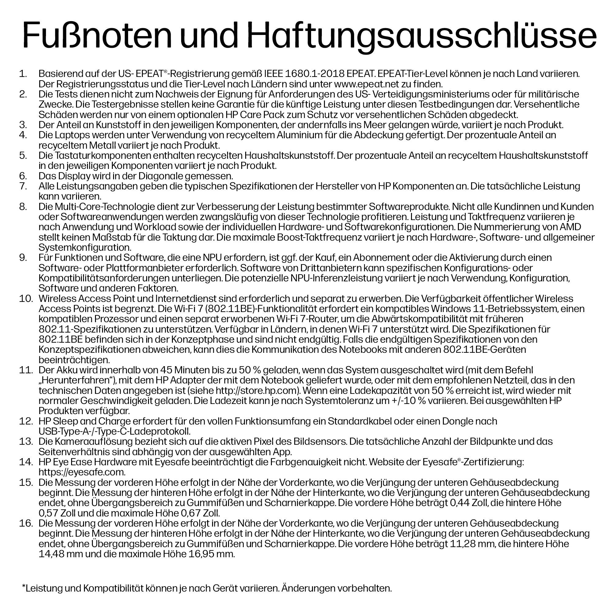 Text: Fußnoten und Haftungsausschlüsse. Enthält nummerierte Listen mit technischen Details.