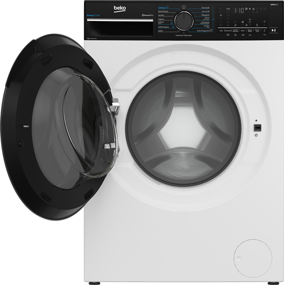 Weiße Beko-Waschmaschine mit geöffneter schwarzer Tür und Trommel sichtbar.