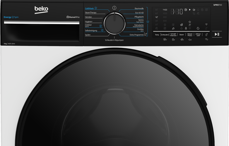 Eine weiße Beko Waschmaschine mit schwarzer Tür und Bedienfeld mit Programmen.