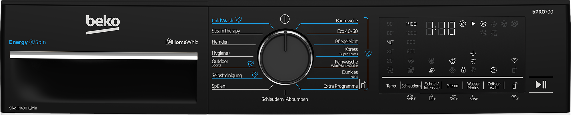 Beko Waschmaschine mit digitalem Display, Programmwahlrad und Bedienelementen.