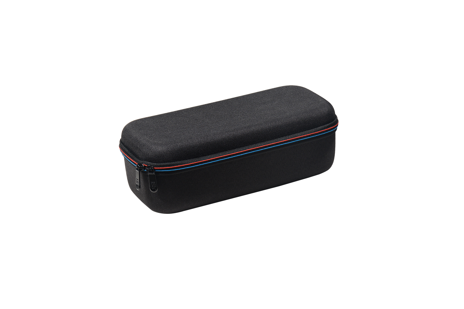 Schwarze Tasche mit Reißverschluss und roten und blauen Akzenten.