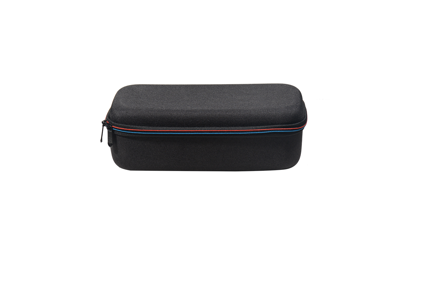 Schwarze Reisetasche mit rotem und blauem Reißverschluss und Griff.